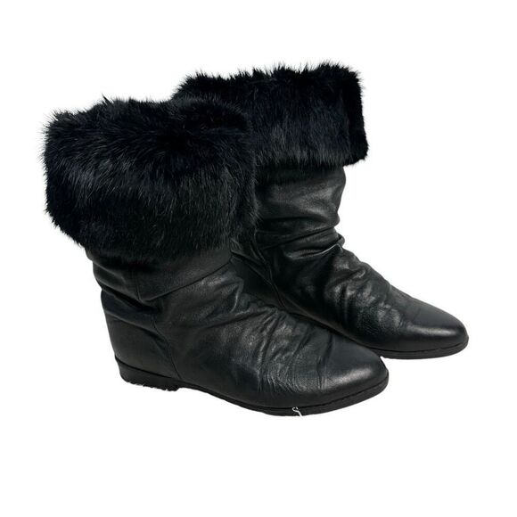 Regence Scrunch Pull On Black Leather Boots Rabbit Fur Trim Fleece Lined Size 9 - Picture 5 of 7